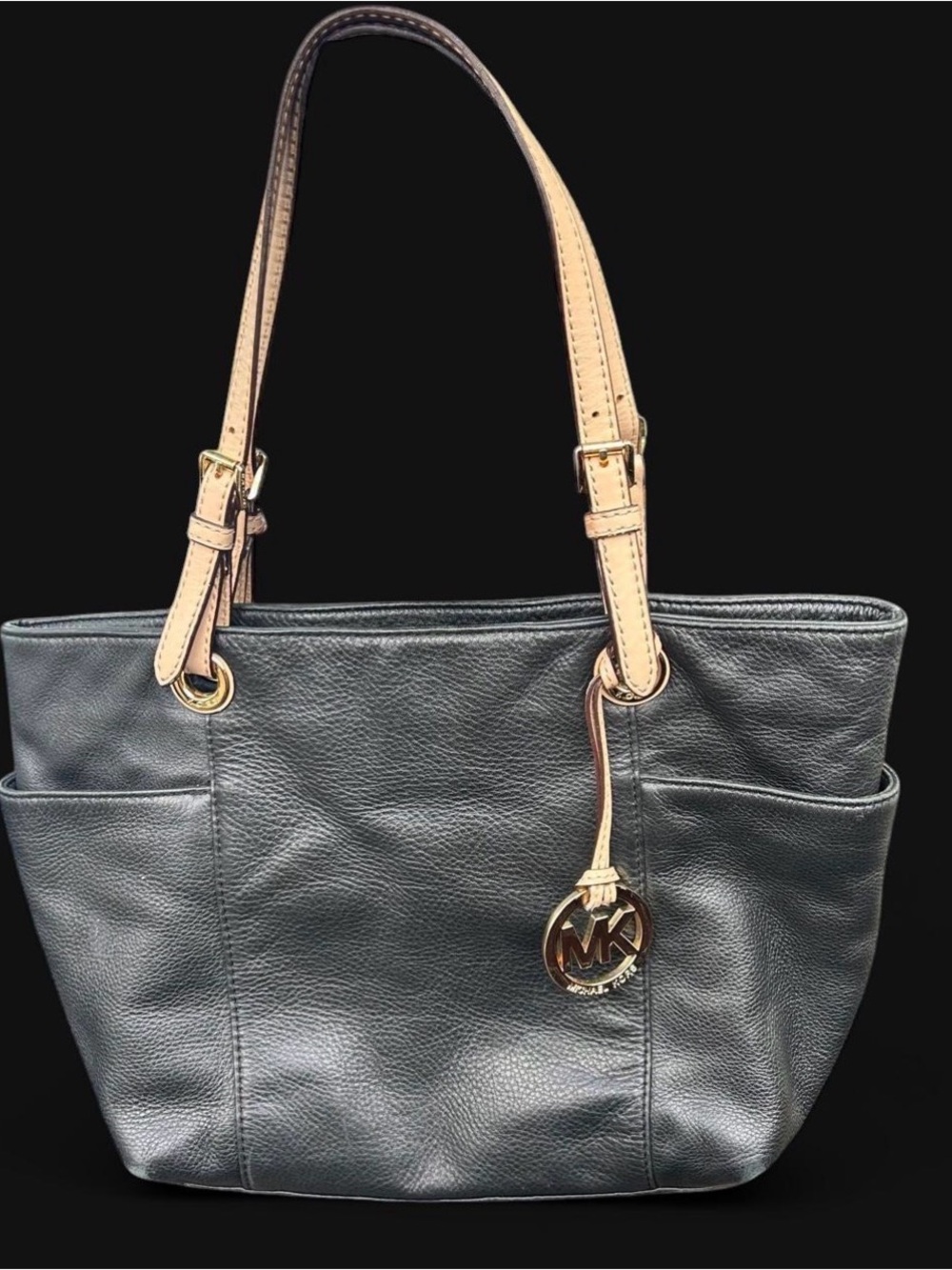 Michael Kors Jet Set Travel Black Leather Tote with Cream Straps